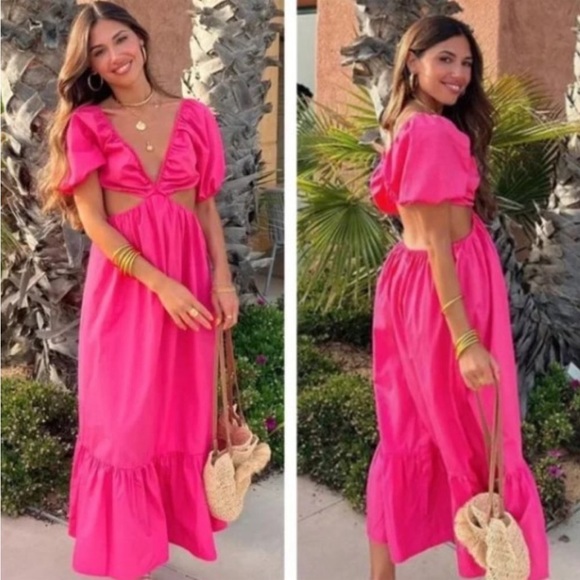 Zara cut out Barbie pink dress with braided straps poplin maxidress 2023 - Picture 4 of 13